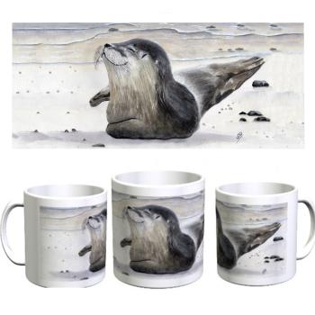 Tasse Becher Kaffeebecher  Aquarell Maritim Kunst Druck Kunstdruck Seehund Robbe Heuler Kegelrobbe Dänemark Nordsee Ostsee